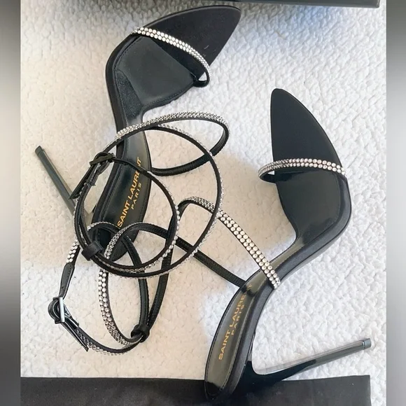 Saint Laurent Georgia Sandals In Crepe Satin With Rhinestones - Picture 6 of 16